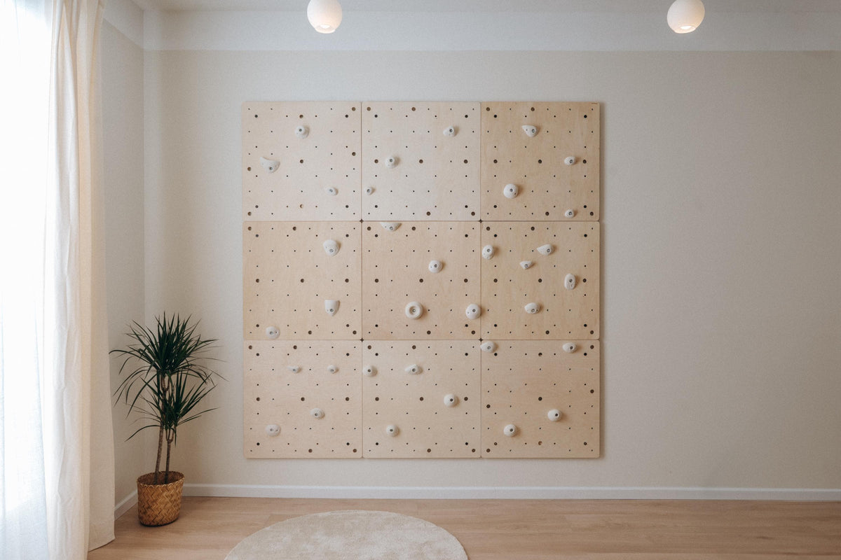 Large indoor climbing wall from nine birch plywood panels
