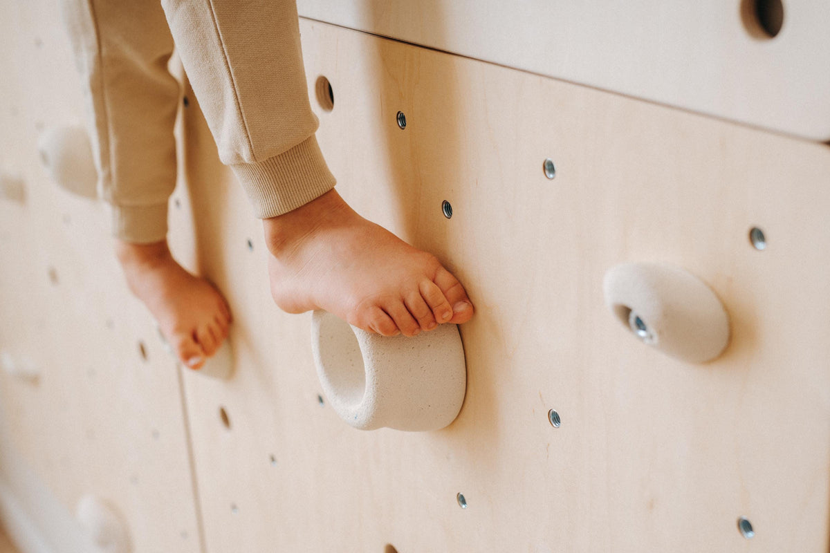 Climbing holds on a birch plywood panel