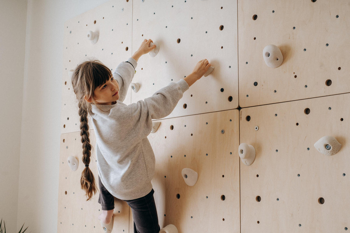 Modular climbing wall panels arranged in a grid
