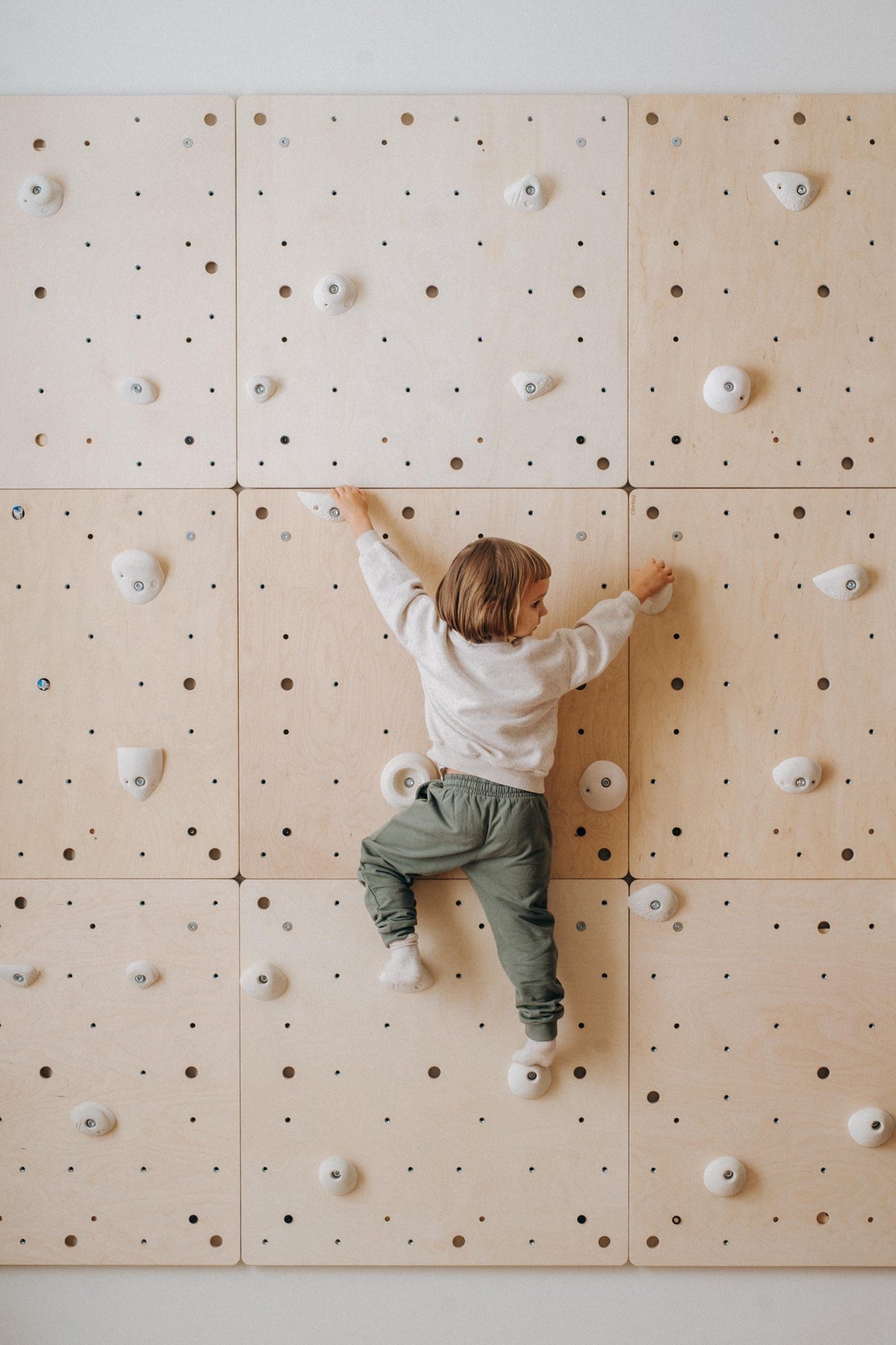Climbsy modular wooden climbing wall made of L size birch plywood panels with white holds