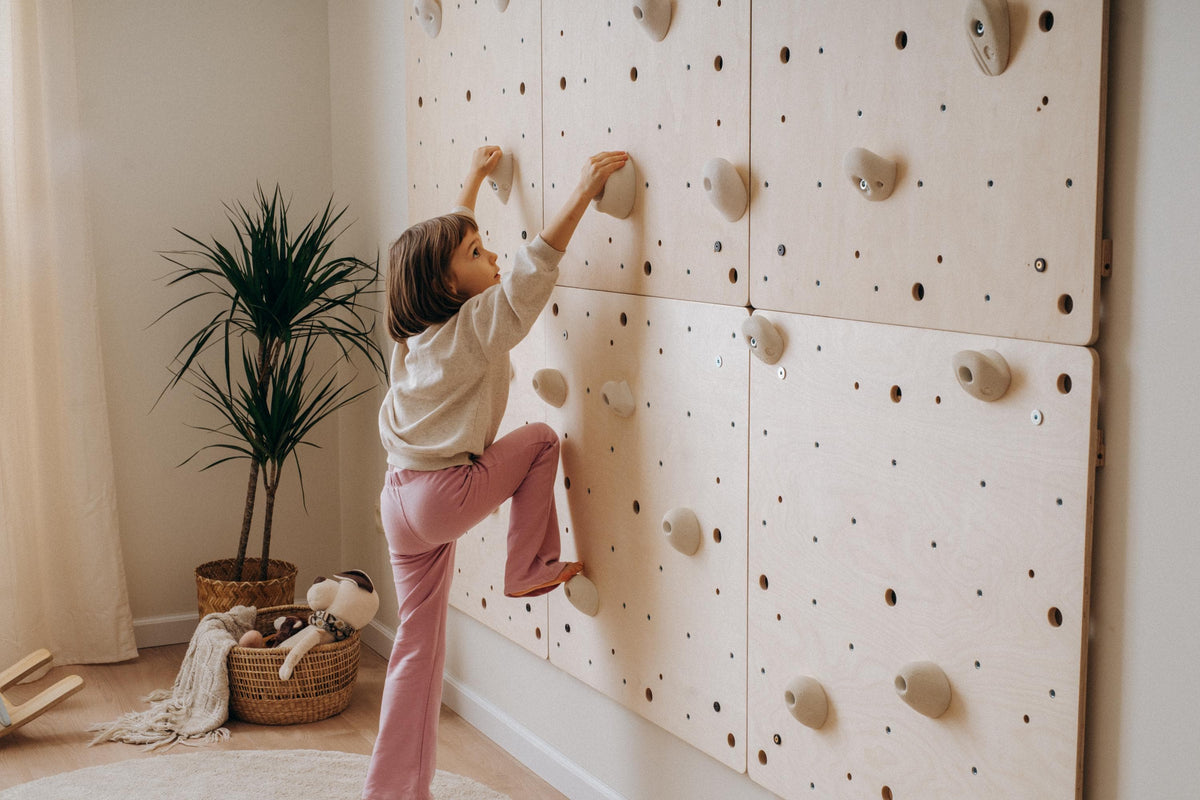 Climbsy wooden climbing wall made of S size panels mounted vertically