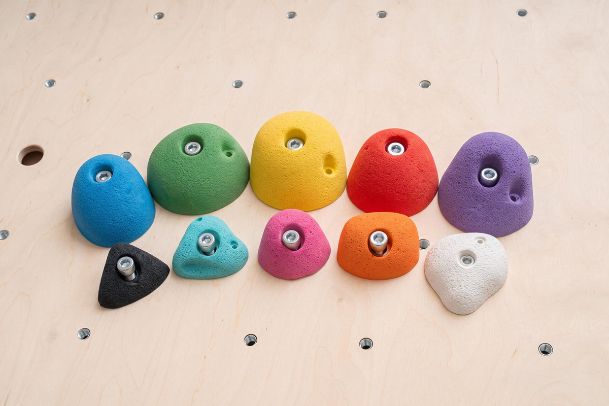 Ten climbing holds in different colours