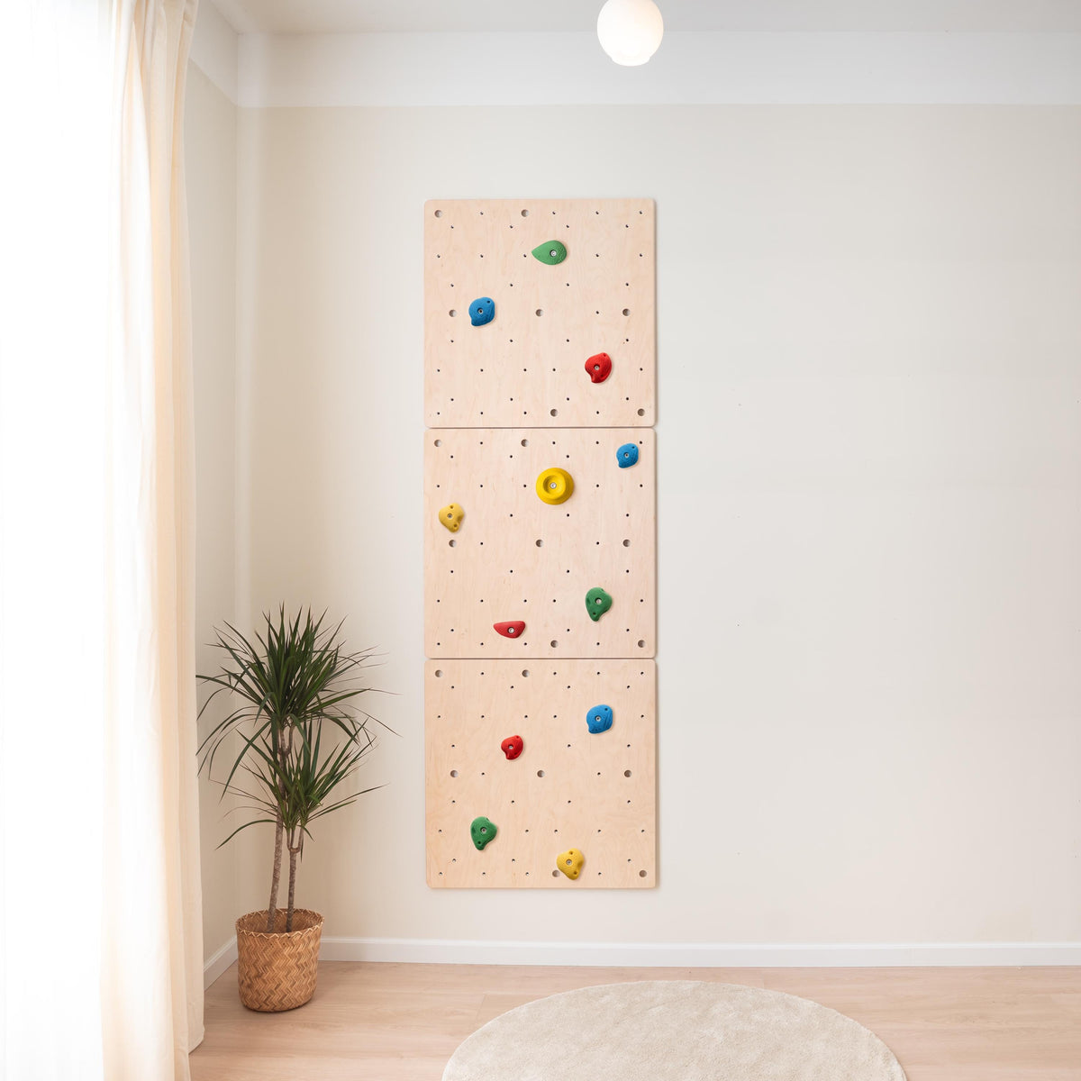 Wooden climbing wall panels with red, blue, yellow and green holds
