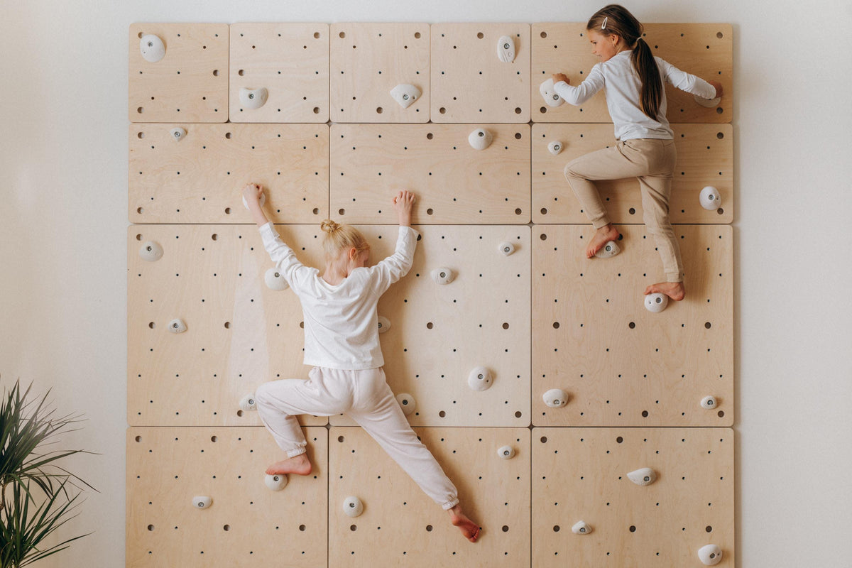 Kids indoor gym made of Climbsy wooden climbing wall panels